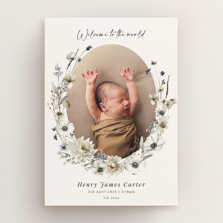 Floral birth announcement card design featuring one photo of a newborn.