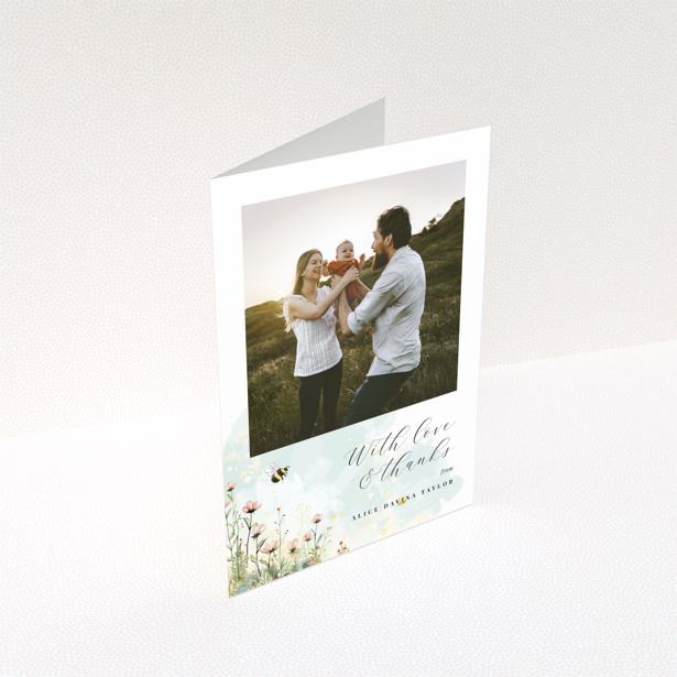 Baby thank you card design with one photo and floral illustrations.