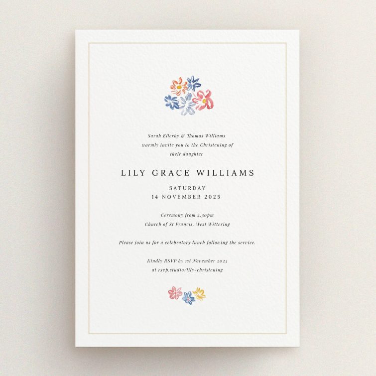 Floral christening invitation design with elegant typography and no photos.