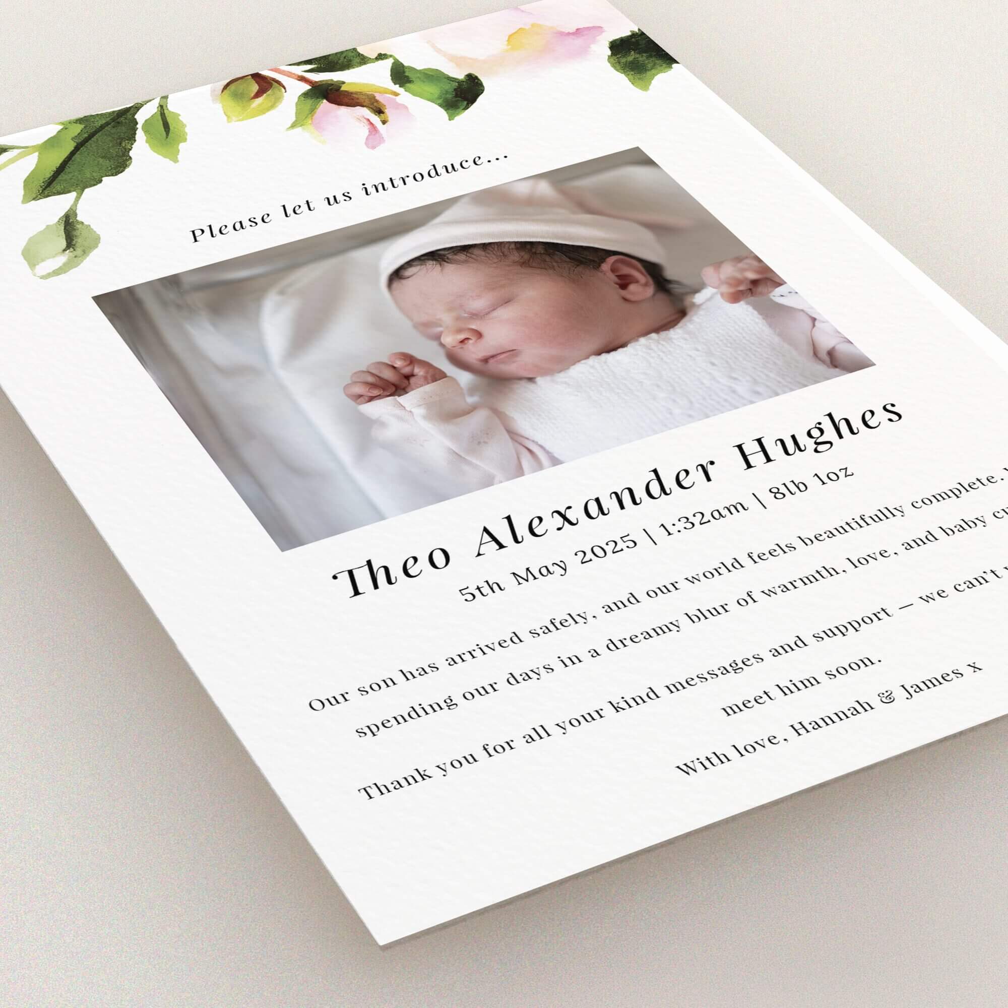 Floral birth announcement card with newborn photo featuring personalised baby details.