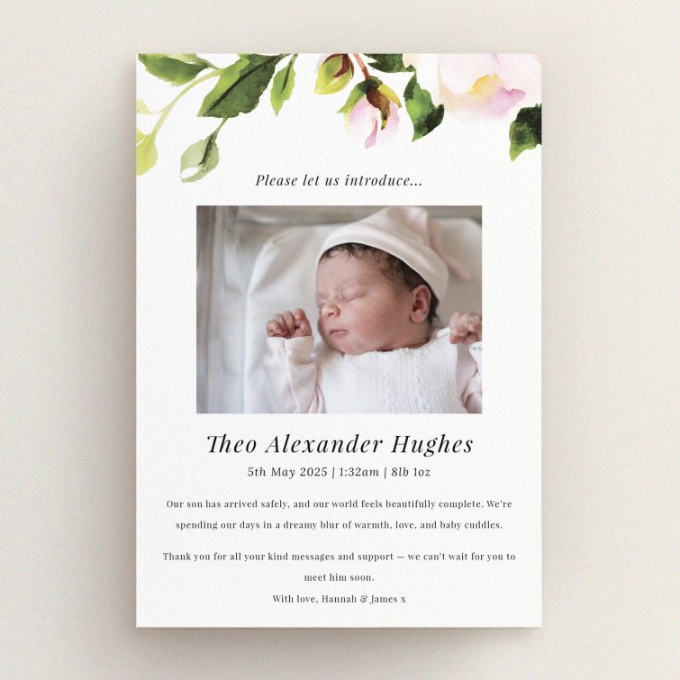 Floral birth announcement card with newborn photo featuring personalised baby details.