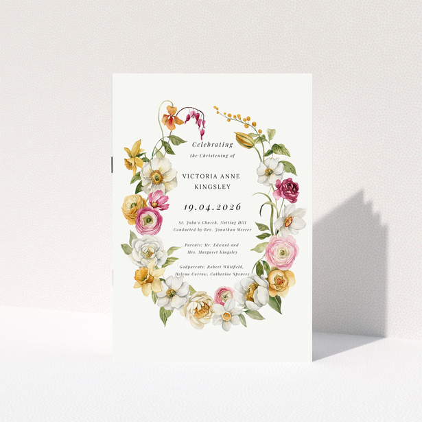 Floral christening order of service program with one photo and elegant design features.