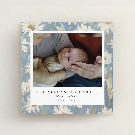 Floral themed birth announcement card with baby photo