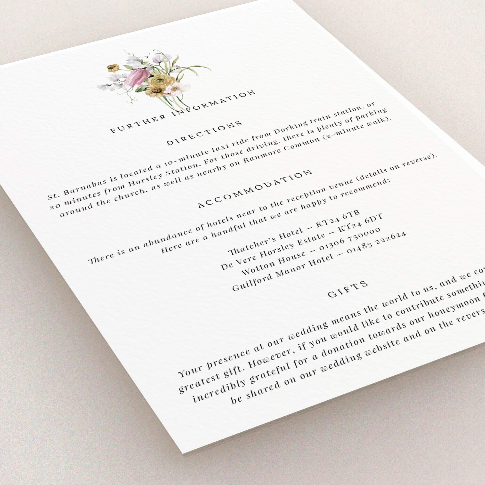 Floral wedding invitation design with flower illustration and text detailing directions, accommodation, and gifts information