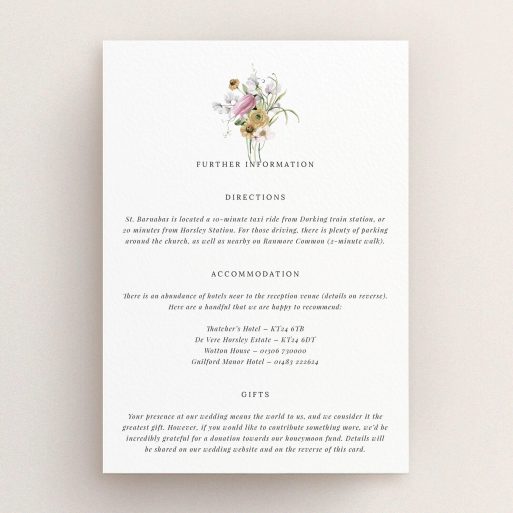 Floral wedding invitation design with flower illustration and text detailing directions, accommodation, and gifts information