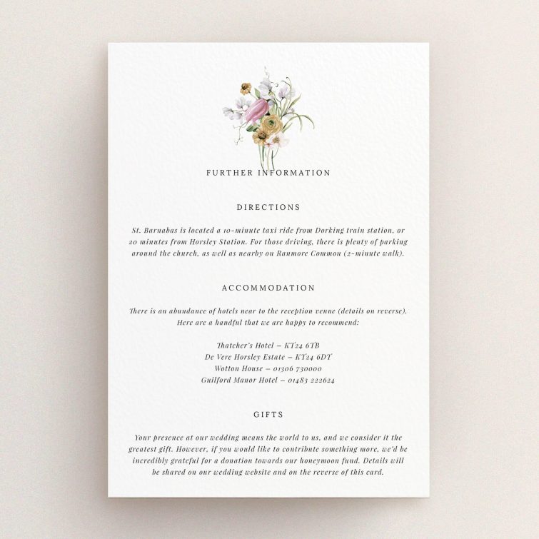 Floral wedding invitation design with flower illustration and text detailing directions, accommodation, and gifts information