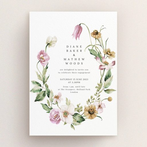 Floral engagement party invitations design featuring elegant botanical illustrations, no photos present