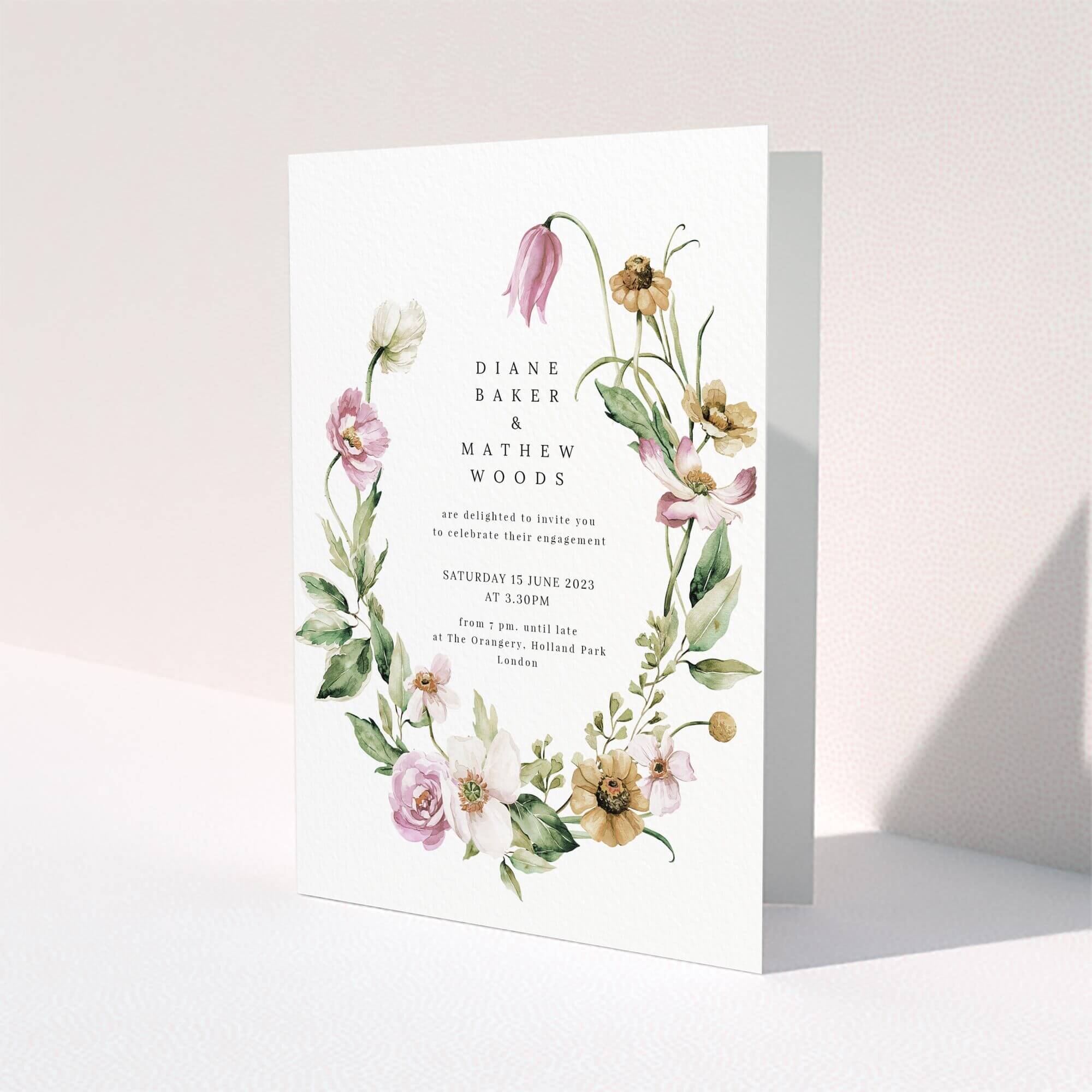 Engagement party invitations design with floral illustration on the back page named Portrait, featuring one photo