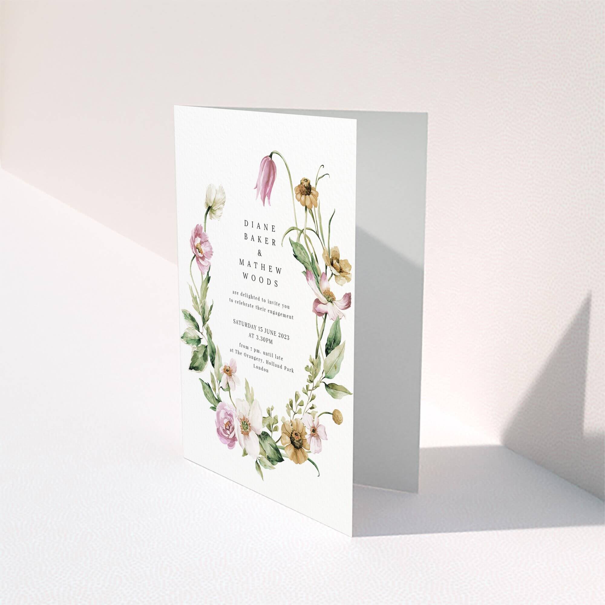 Engagement party invitations design with floral illustration on the back page named Portrait, featuring one photo