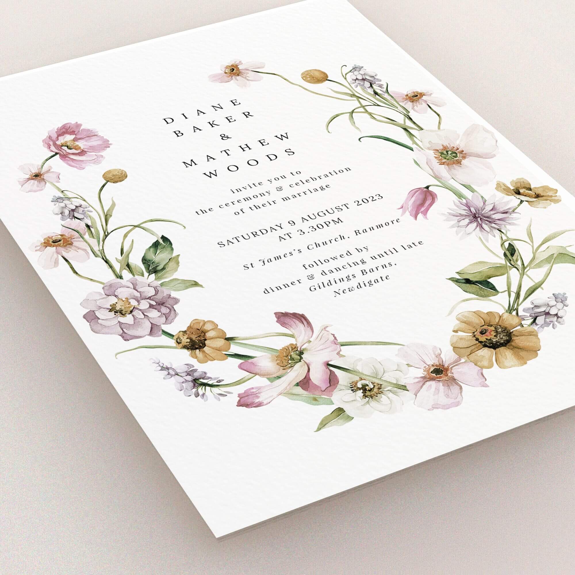 Floral wedding invitation design with elegant typography and no photos