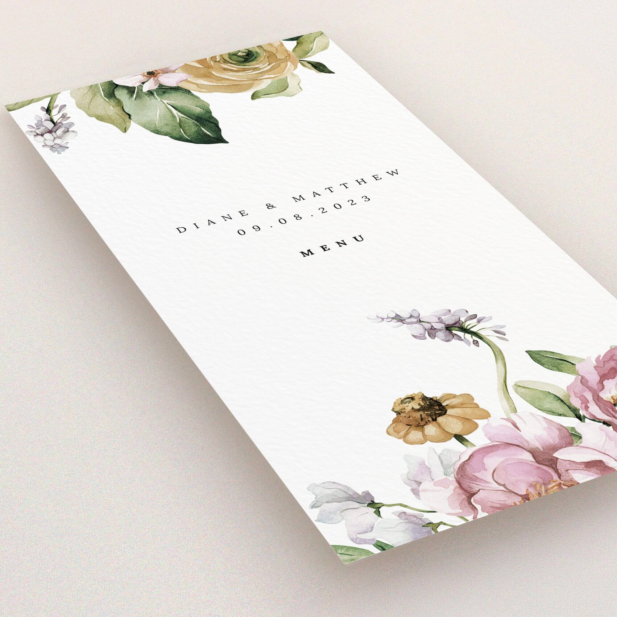 Floral wedding menu card design with elegant botanical illustrations.