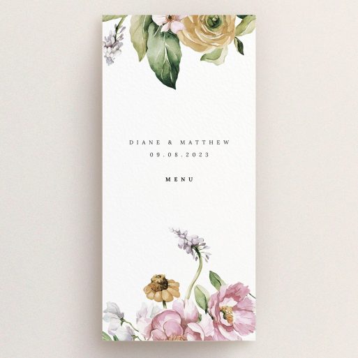 Floral wedding menu card design with elegant botanical illustrations.