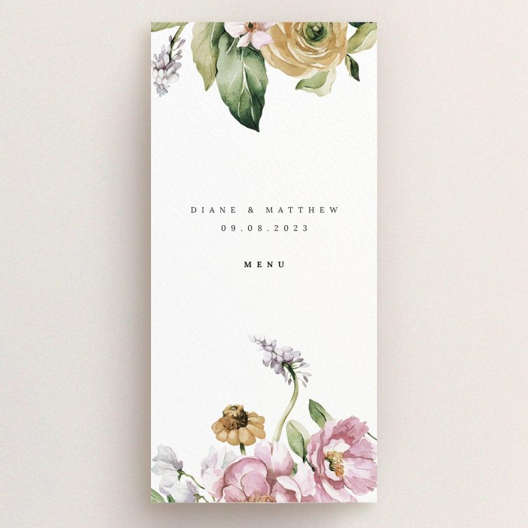 Floral wedding menu card design with elegant botanical illustrations.