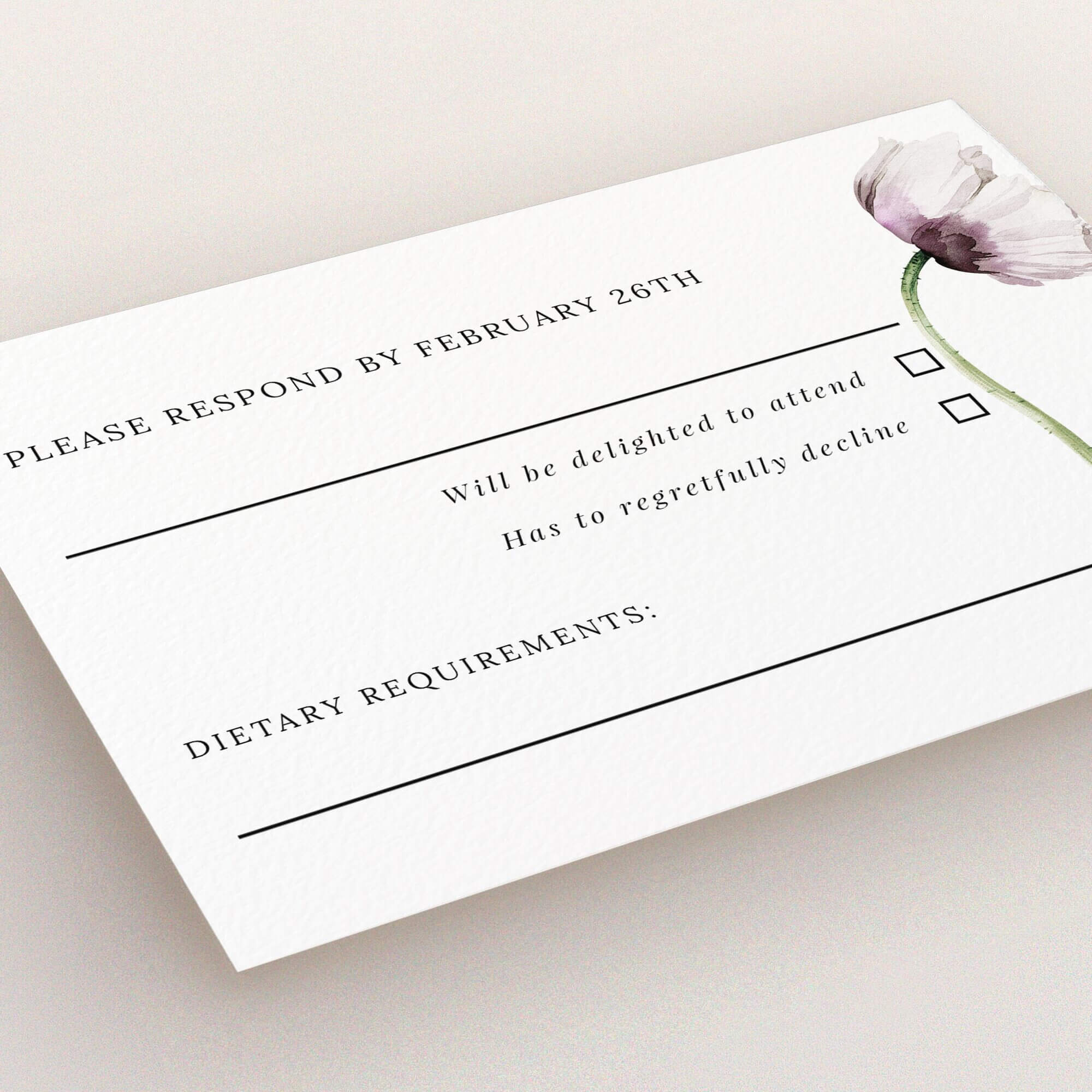 Floral design wedding RSVP card with response options and one decorative flower illustration.