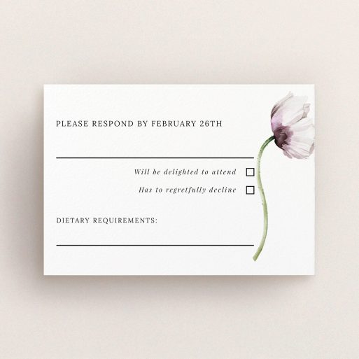 Floral design wedding RSVP card with response options and one decorative flower illustration.