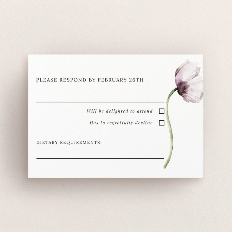 Floral design wedding RSVP card with response options and one decorative flower illustration.