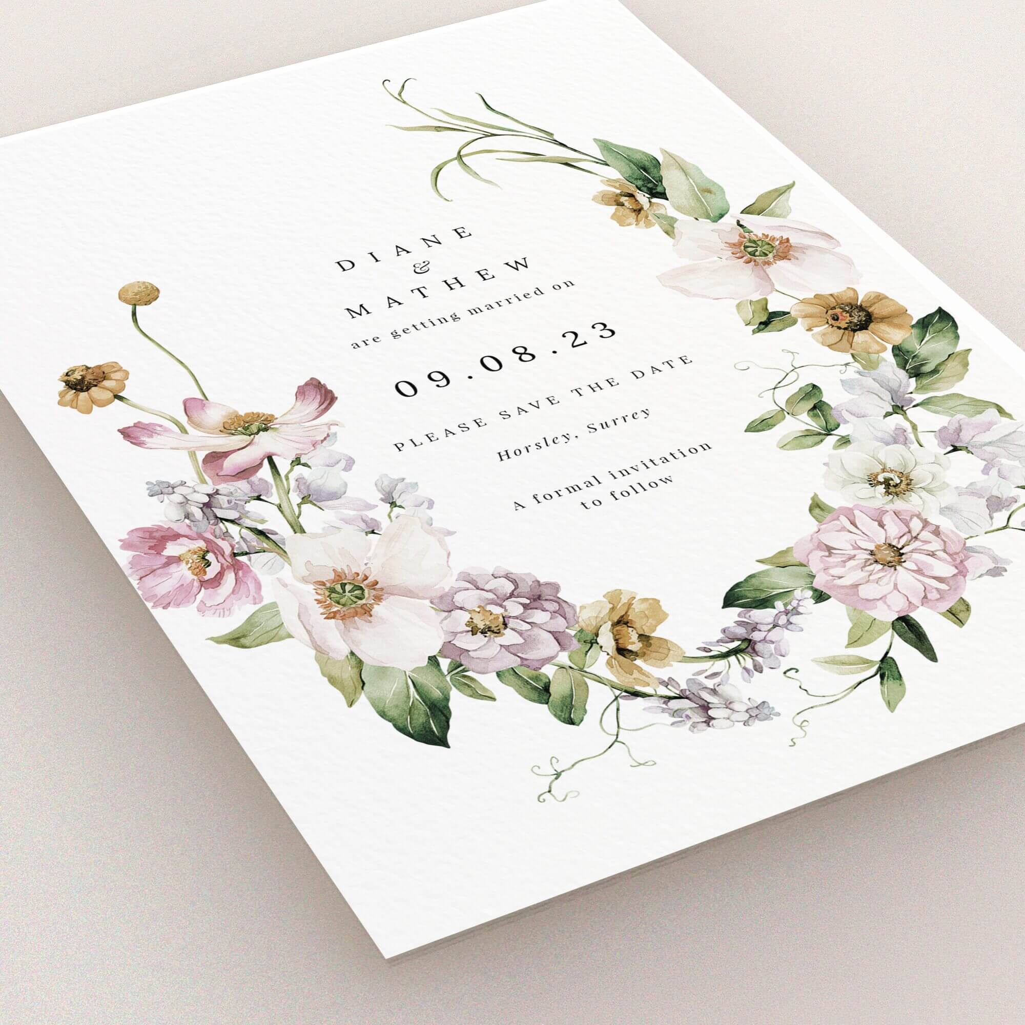 Floral wedding save the date card design with elegant botanical illustrations and no photos.