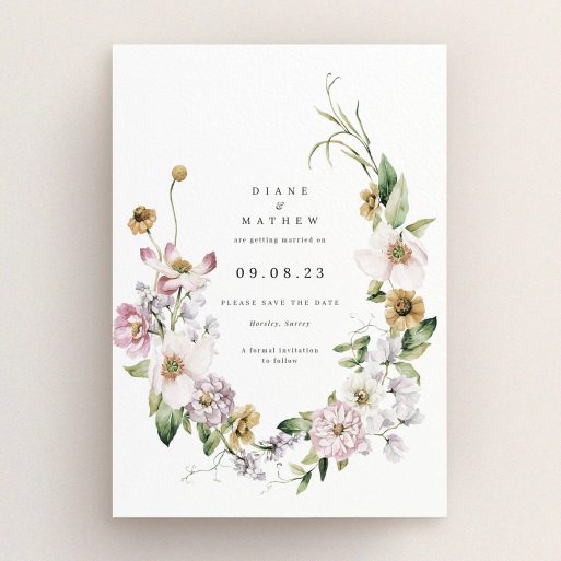 Floral wedding save the date card design with elegant botanical illustrations and no photos.