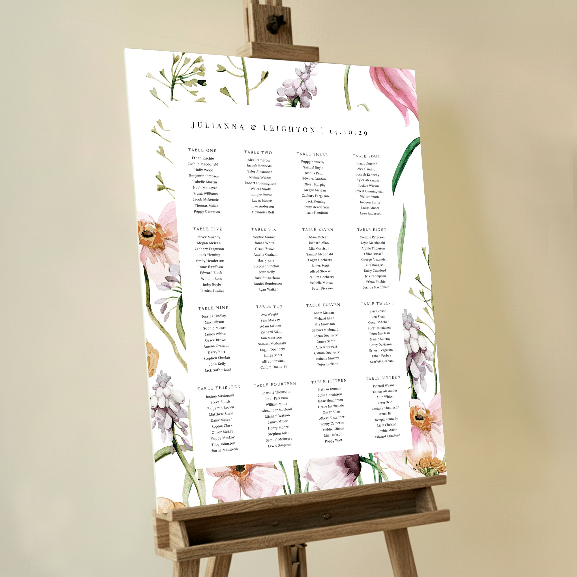 Floral wedding table plan with elegant design featuring sixteen tables and adorned with four decorative flower illustrations. This one shows 16 tables.