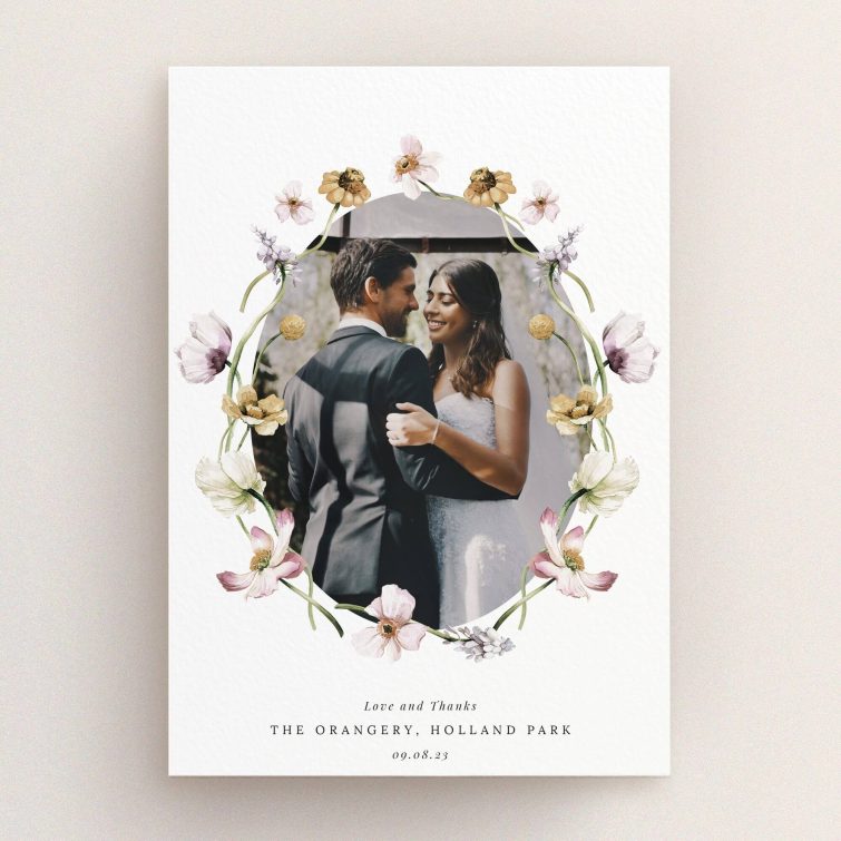 Floral wedding thank you card design featuring one photo of a couple.