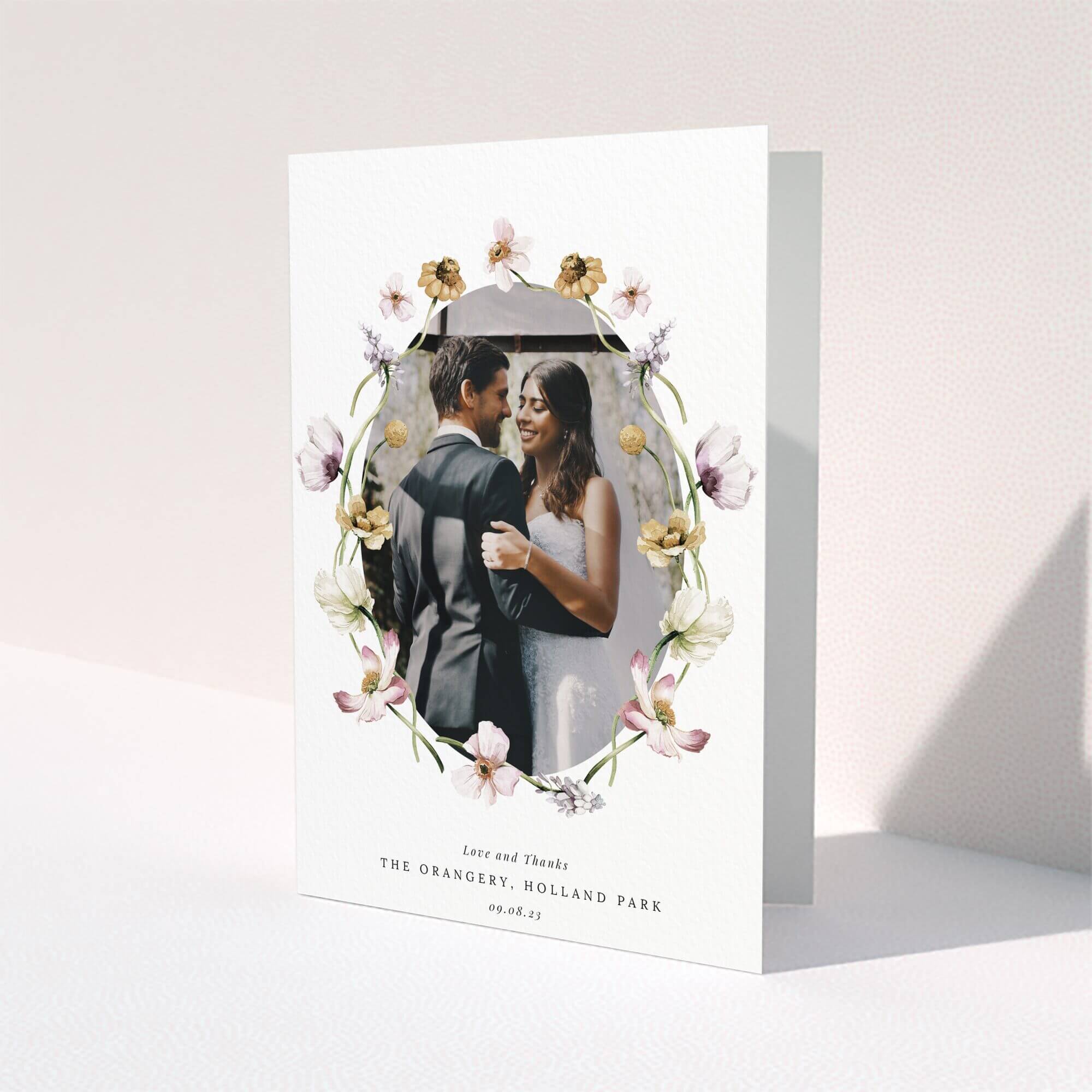 Floral wedding thank you card design featuring one photo of a couple.