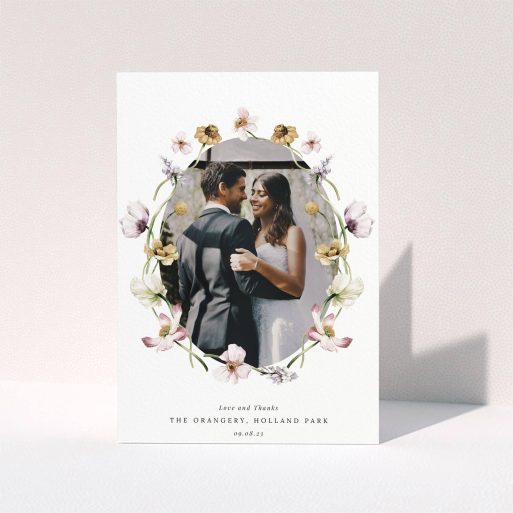 Floral wedding thank you card design featuring one photo of a couple.