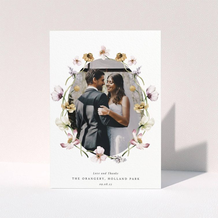 Floral wedding thank you card design featuring one photo of a couple.