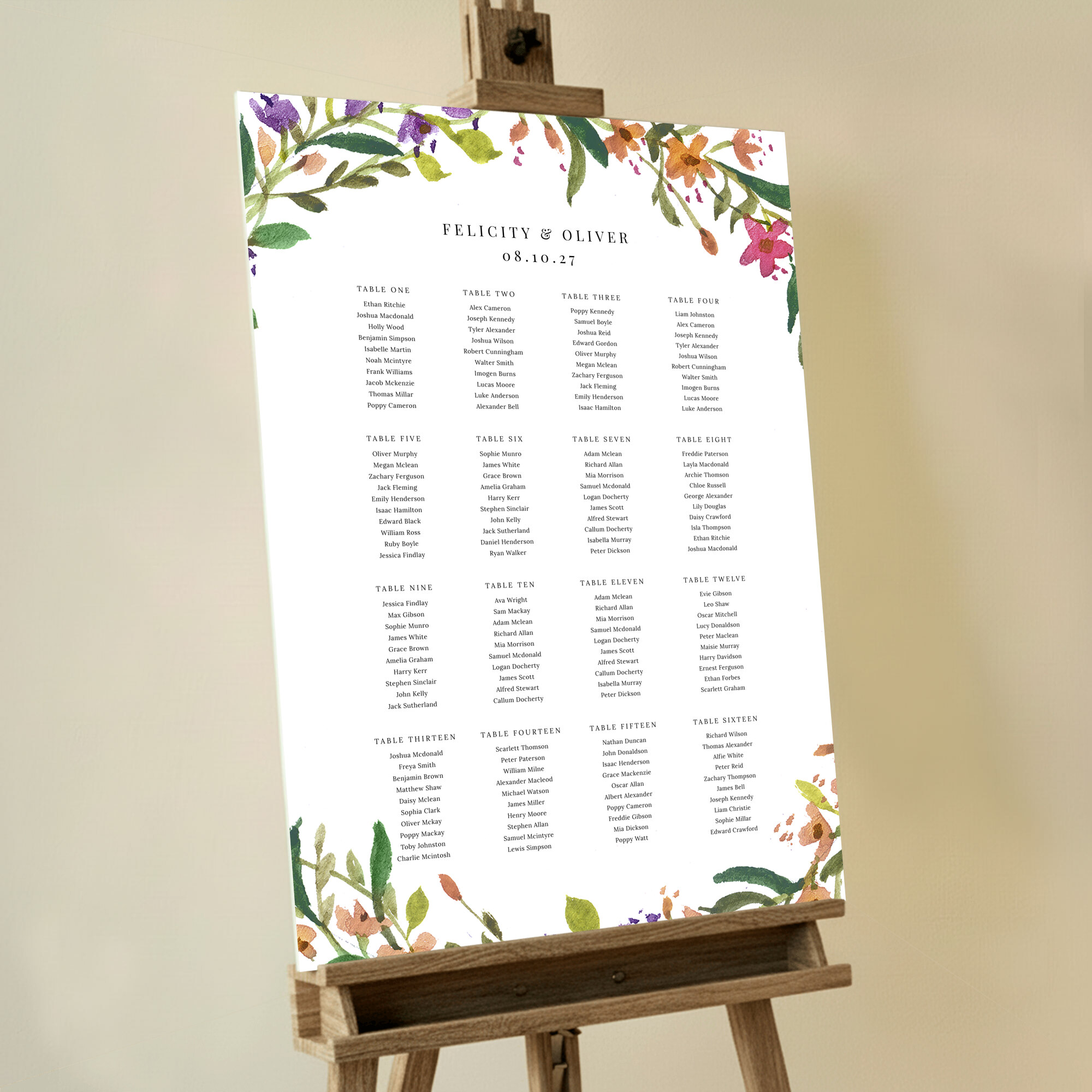 Custom Spring Florist Seating Plan featuring a vibrant floral wreath in shades of pink, orange, and purple encircling the top and bottom of the design, adding a touch of colorful beauty to your wedding celebration.. This template is formatted for 16 tables.
