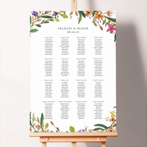 Custom Spring Florist Seating Plan featuring a vibrant floral wreath in shades of pink, orange, and purple encircling the top and bottom of the design, adding a touch of colorful beauty to your wedding celebration.. This template is formatted for 16 tables.