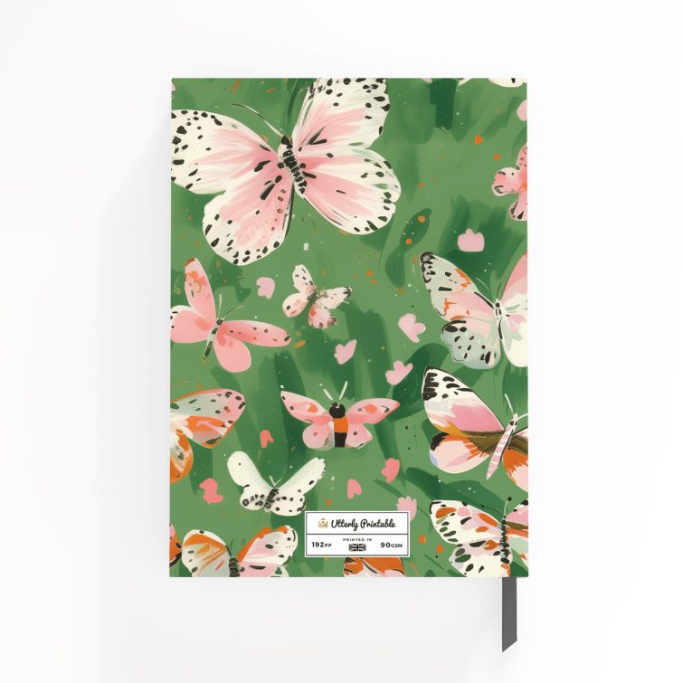 Butterfly themed notebooks design with pink and white butterflies on a green background, featuring no photos