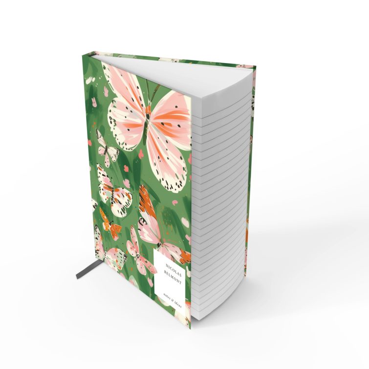 Butterfly themed notebooks design with pink and white butterflies on a green background, featuring no photos