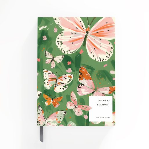 Butterfly themed notebooks design with pink and white butterflies on a green background, featuring no photos