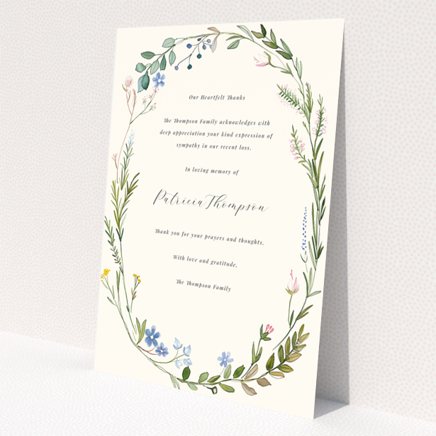 Funeral thank you card with floral wreath design and one photo placeholder