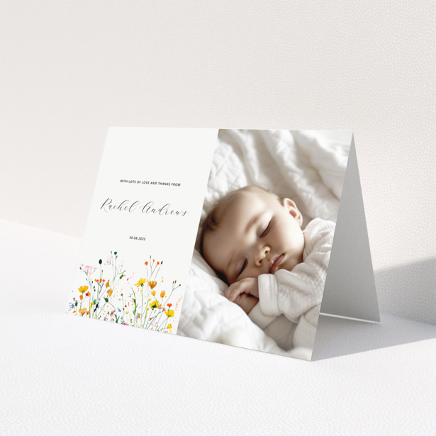 Baby thank you card with floral design and one photo of a sleeping baby.