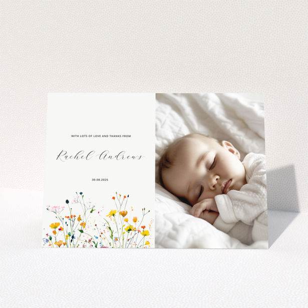 Baby thank you card with floral design and one photo of a sleeping baby.