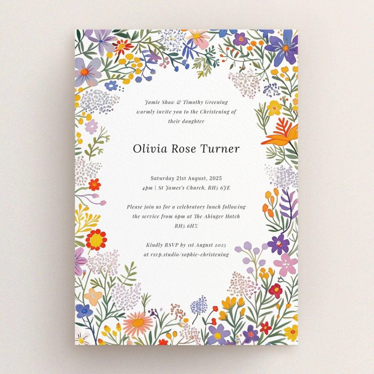 Floral christening invitation design with vibrant botanical border.