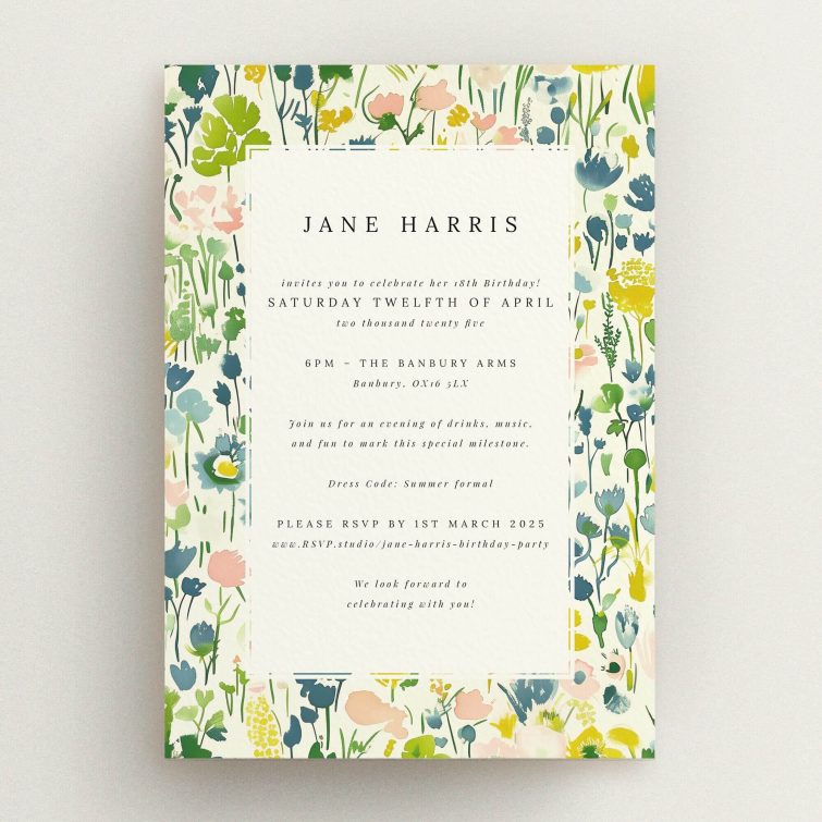 Floral 18th Birthday Invitation with botanical design and no photos.