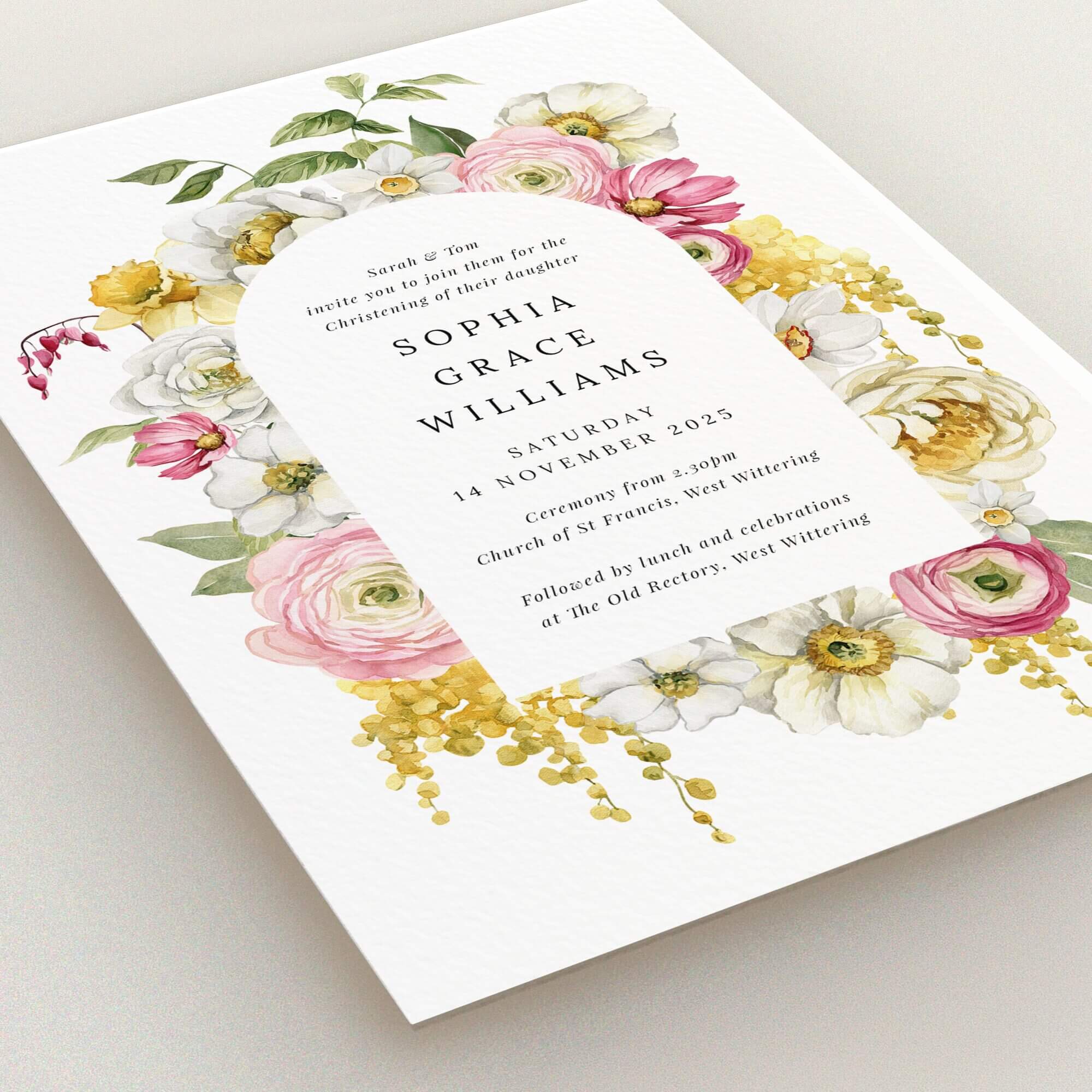 Floral christening invitation design with elegant typography and no photos.