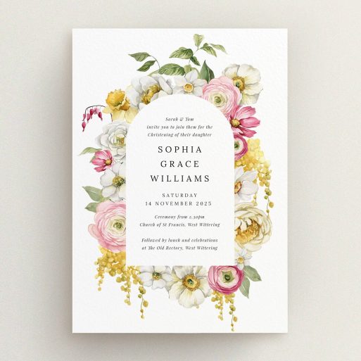 Floral Christening Invitation Floral christening invitation design with elegant typography and no photos.