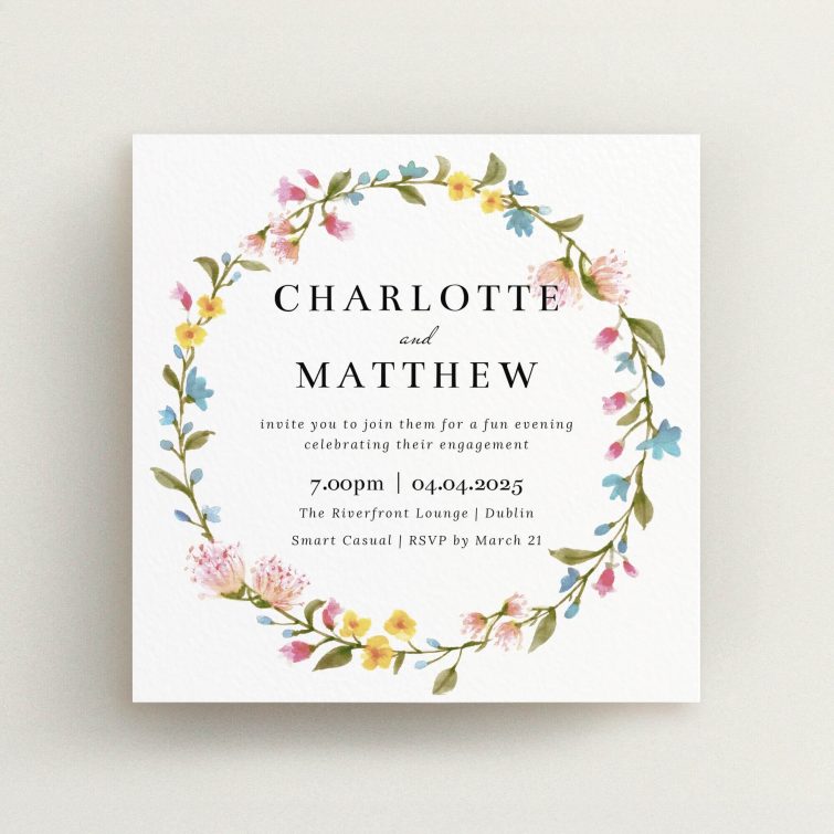 Floral engagement party invitations design with elegant typography and decorative border.