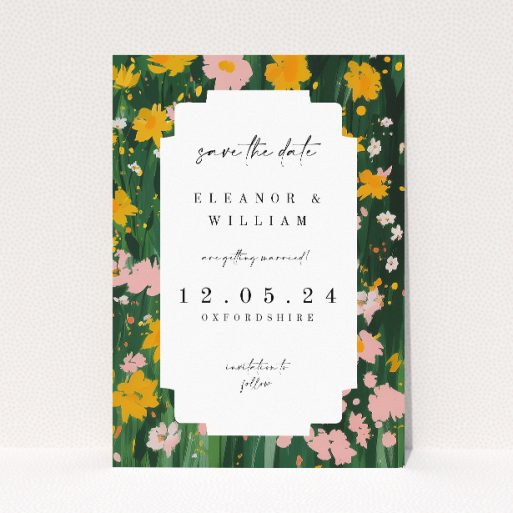 Springfield Wildflower save the date card - A6-sized card featuring a vivid display of wildflowers against a rich dark green backdrop, accented with sunny yellow, soft pink, and delicate white, capturing the joy of spring and perfect for announcing your upcoming nuptials This is a view of the front