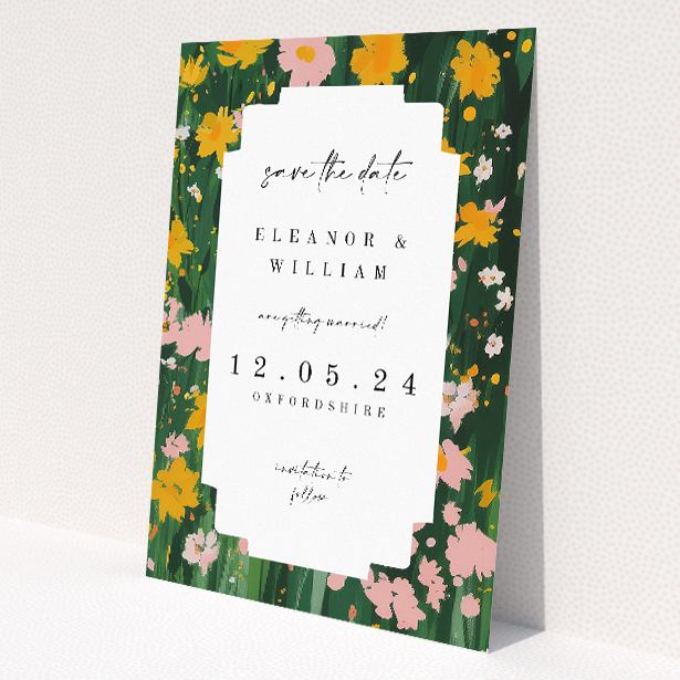 Springfield Wildflower save the date card - A6-sized card featuring a vivid display of wildflowers against a rich dark green backdrop, accented with sunny yellow, soft pink, and delicate white, capturing the joy of spring and perfect for announcing your upcoming nuptials This is a view of the front