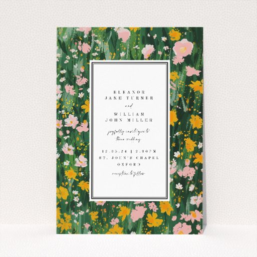 "Springfield Wildflower" wedding invitation featuring lush greenery and cheerful wildflowers in shades of pink and yellow, perfect for a springtime celebration of new beginnings This is a view of the front