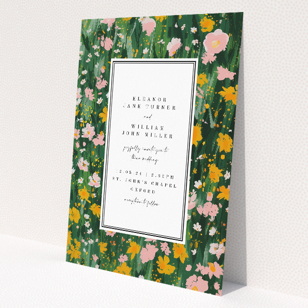 "Springfield Wildflower" wedding invitation featuring lush greenery and cheerful wildflowers in shades of pink and yellow, perfect for a springtime celebration of new beginnings This image shows the front and back sides together