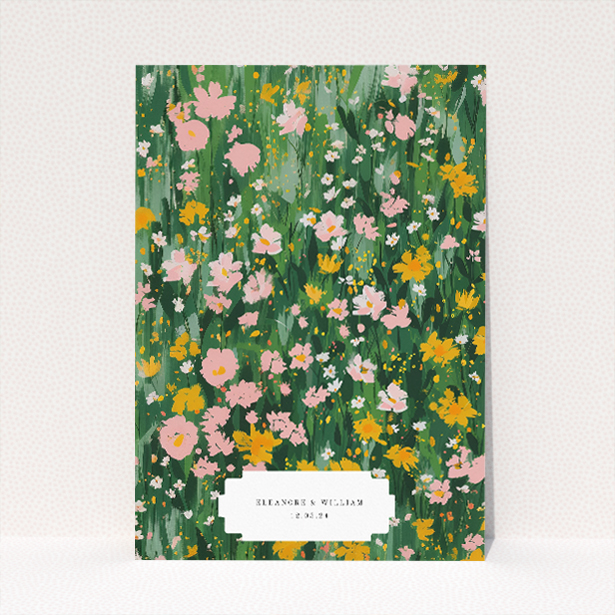 "Springfield Wildflower" wedding invitation featuring lush greenery and cheerful wildflowers in shades of pink and yellow, perfect for a springtime celebration of new beginnings This image shows the front and back sides together