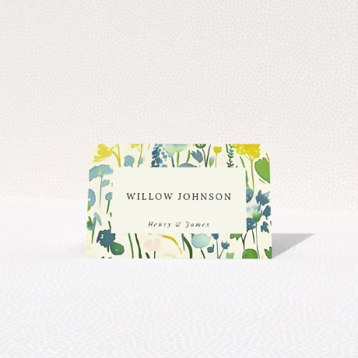 Springtime Florals place card - Embrace the vibrant charm of spring with pastel watercolour florals and classic-modern font blend, perfect for a celebration brimming with natural beauty and timeless elegance This is a view of the front