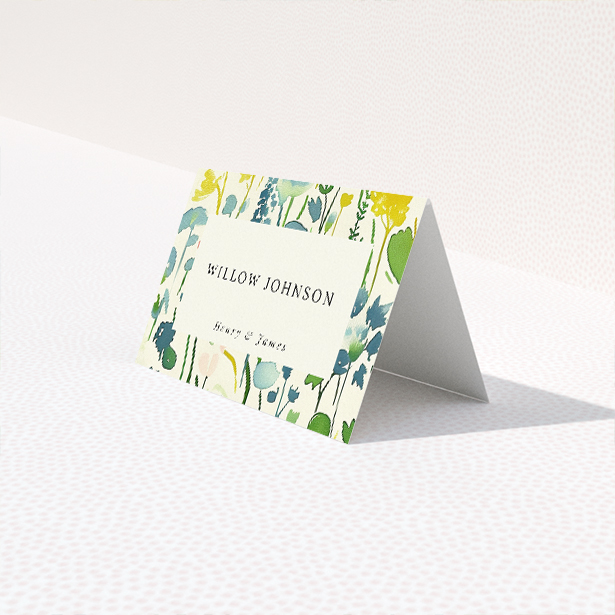 Springtime Florals place card - Embrace the vibrant charm of spring with pastel watercolour florals and classic-modern font blend, perfect for a celebration brimming with natural beauty and timeless elegance This is a third view of the front