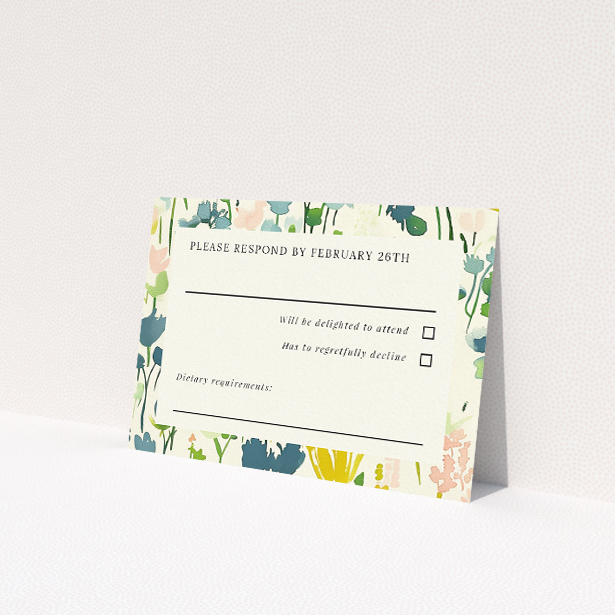 Springtime Florals RSVP card - Pastel watercolour florals and clean cream panel for wedding response card. This is a view of the front