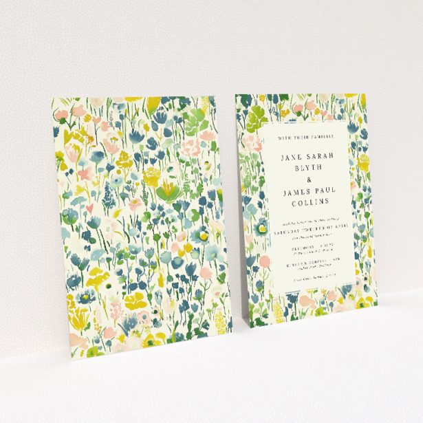 "Springtime Florals" A5 wedding invitation with watercolour floral illustrations in pastel palette. This image shows the front and back sides together