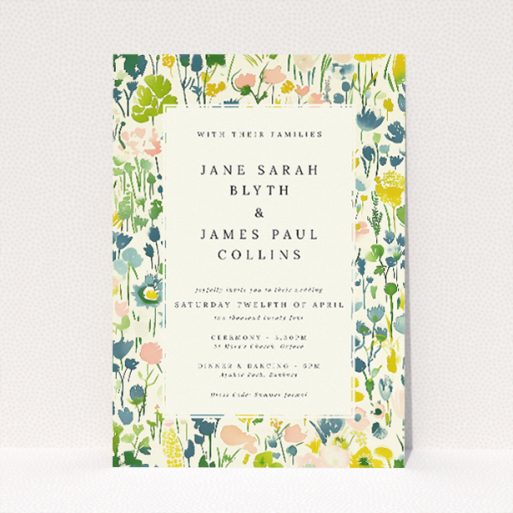 "Springtime Florals" A5 wedding invitation with watercolour floral illustrations in pastel palette. This is a view of the front